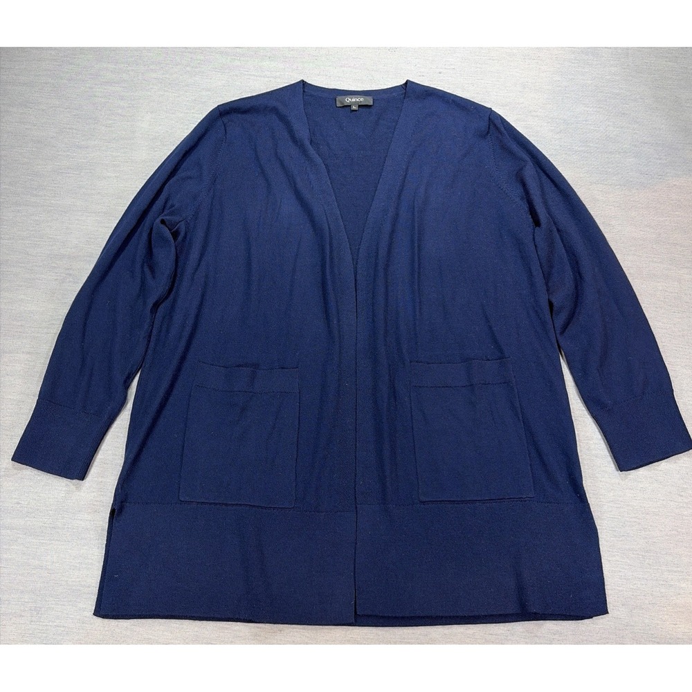Quince Women's 100% Merino Wool Open Front Cardigan Size L Pockets Classic Blue